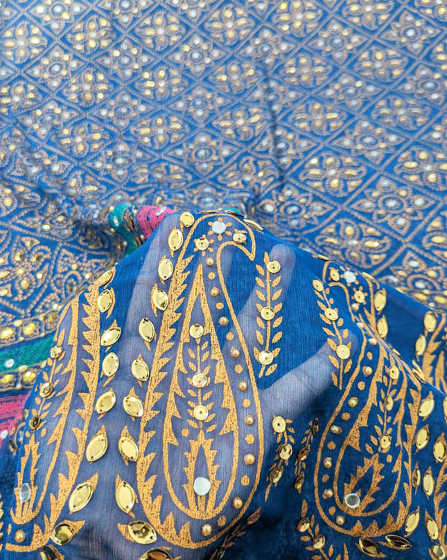Chiffon With Block Print + Mirror Sitara Work Dupatta