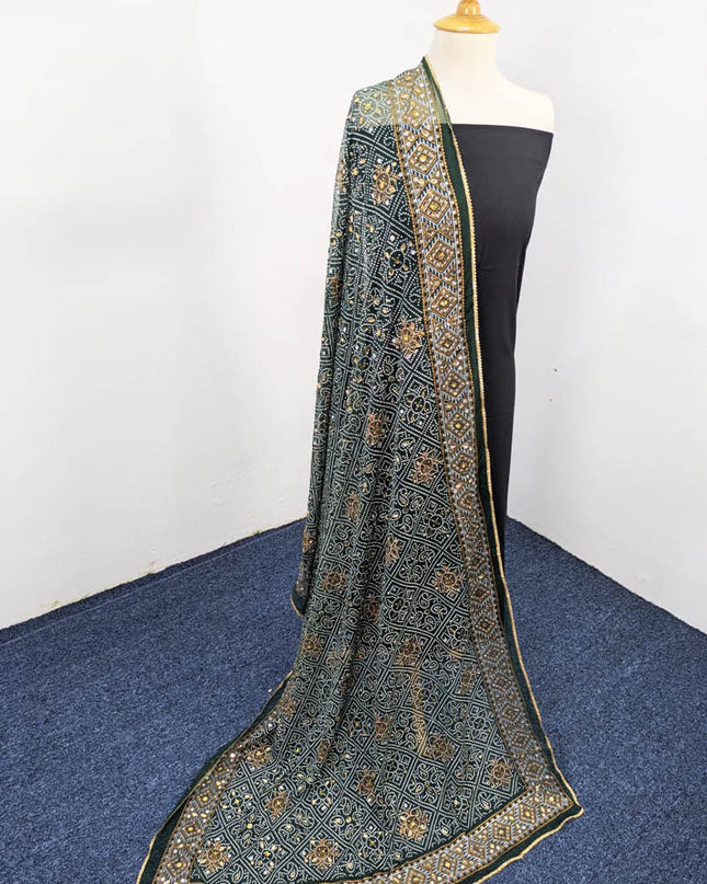 Chiffon With Block Print + Mirror Sitara Work Dupatta