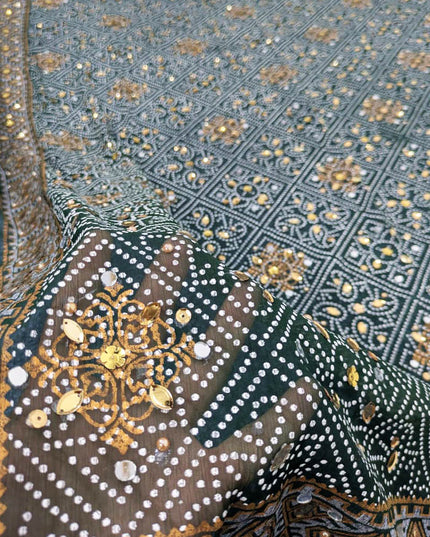 Chiffon With Block Print + Mirror Sitara Work Dupatta