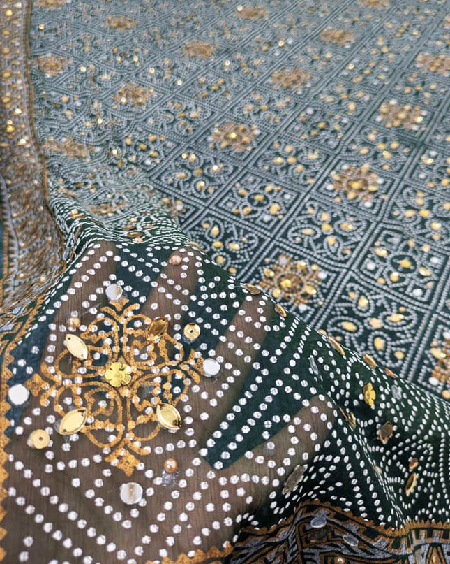 Chiffon With Block Print + Mirror Sitara Work Dupatta