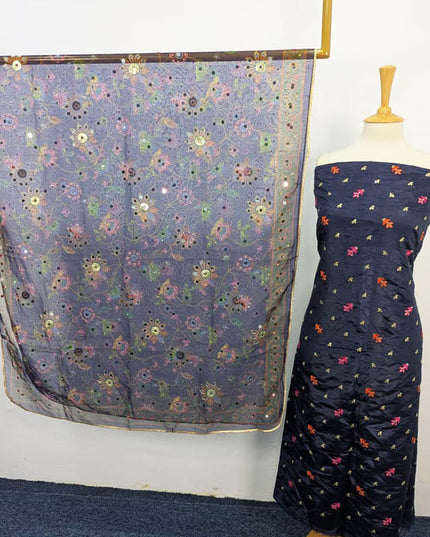 Katan Silk With Organza Print + Mirror Work Dupatta 3PC Unstitched