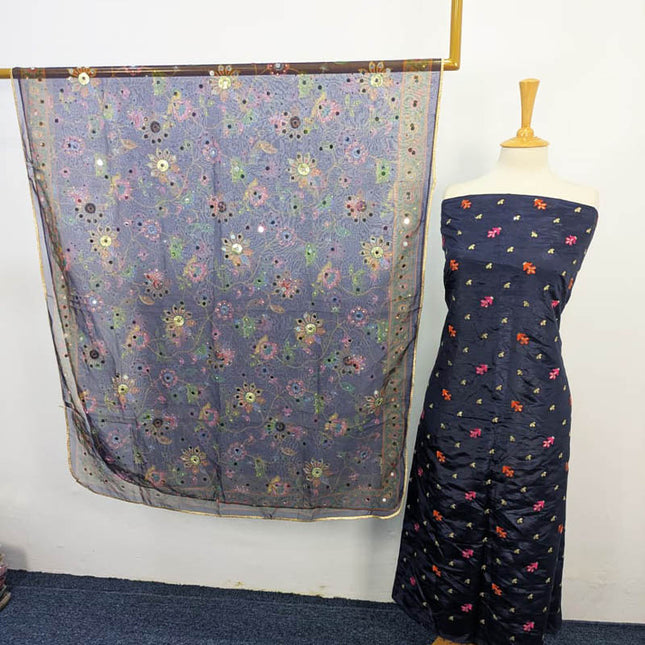 Katan Silk With Organza Print + Mirror Work Dupatta 3PC Unstitched