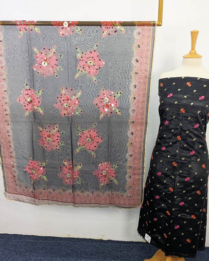 Katan Silk With Organza Print + Mirror Work Dupatta 3PC Unstitched