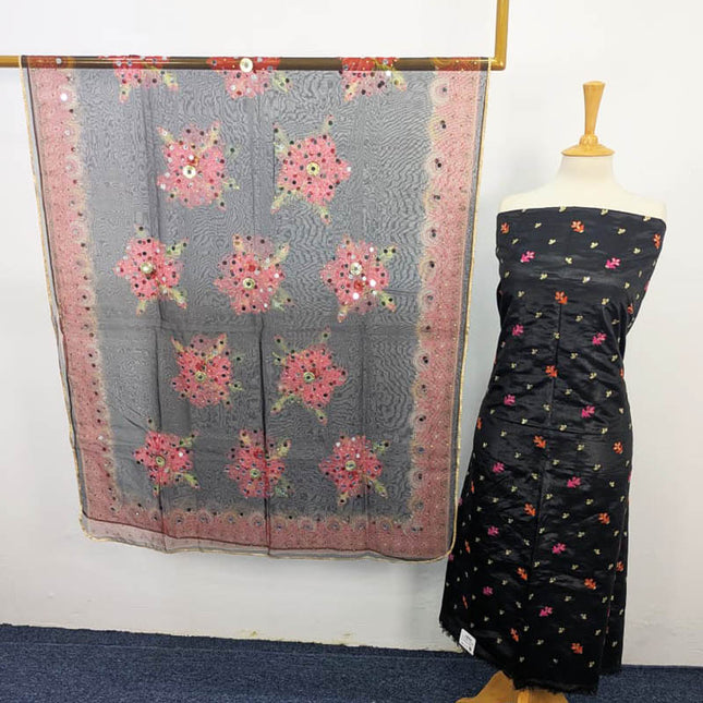 Katan Silk With Organza Print + Mirror Work Dupatta 3PC Unstitched