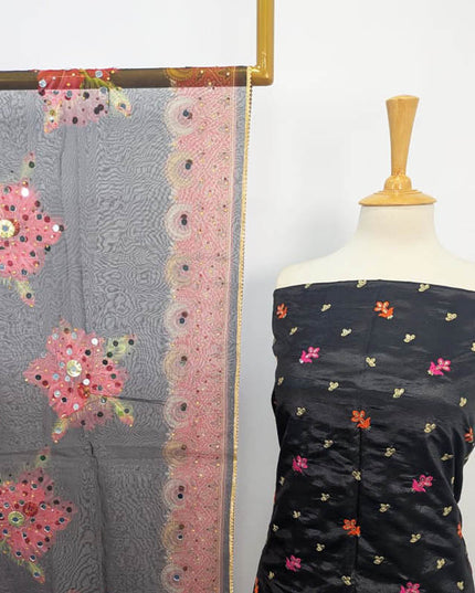 Katan Silk With Organza Print + Mirror Work Dupatta 3PC Unstitched