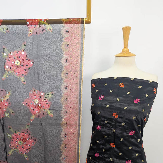 Katan Silk With Organza Print + Mirror Work Dupatta 3PC Unstitched