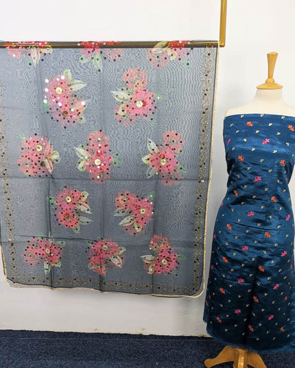 Katan Silk With Organza Print + Mirror Work Dupatta 3PC Unstitched