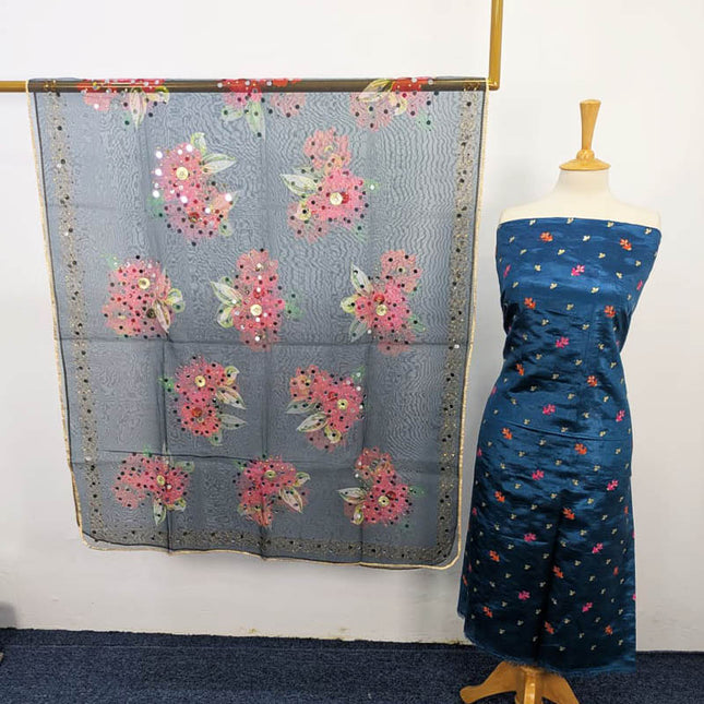 Katan Silk With Organza Print + Mirror Work Dupatta 3PC Unstitched