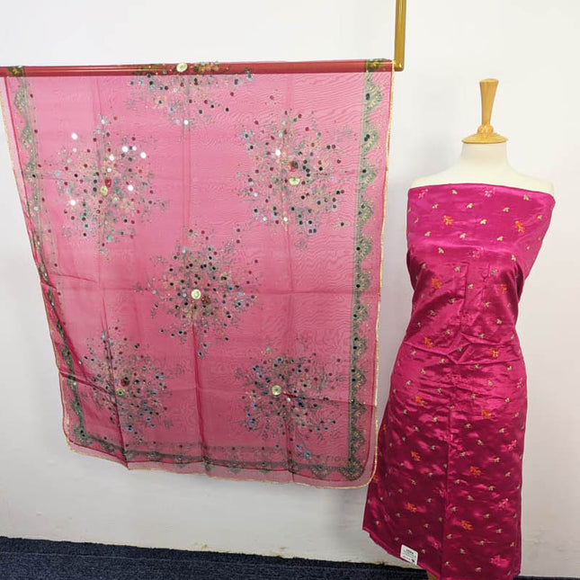 Katan Silk With Organza Print + Mirror Work Dupatta 3PC Unstitched