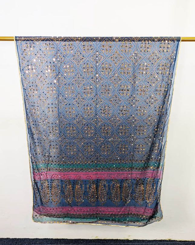 Chiffon With Block Print + Mirror Sitara Work Dupatta