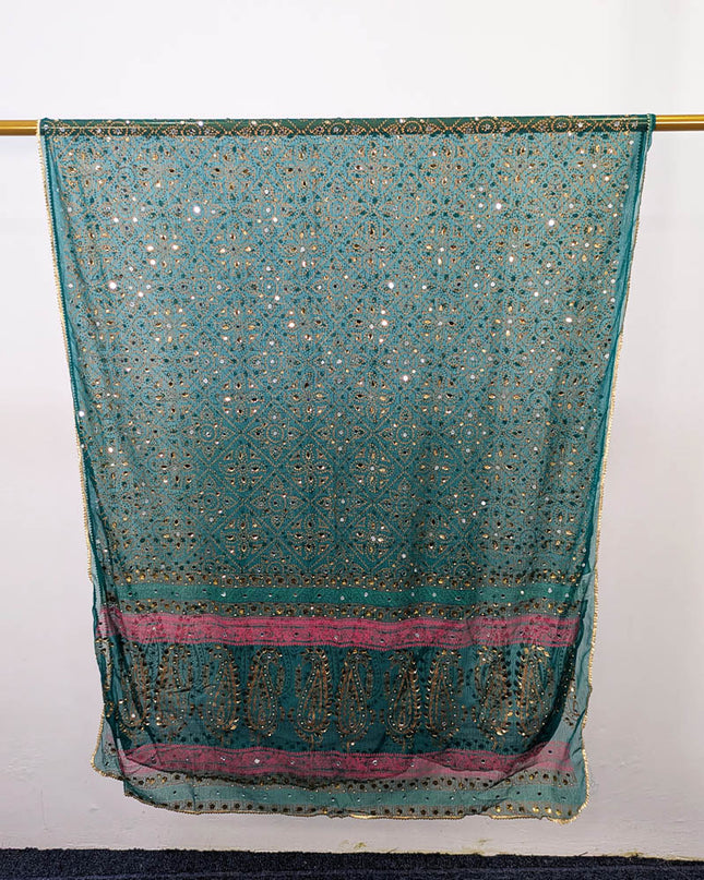 Chiffon With Block Print + Mirror Sitara Work Dupatta