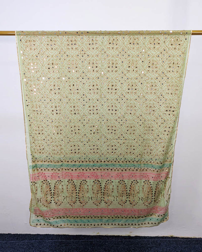 Chiffon With Block Print + Mirror Sitara Work Dupatta