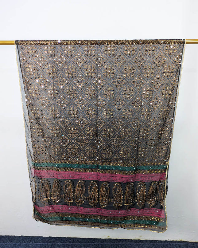 Chiffon With Block Print + Mirror Sitara Work Dupatta