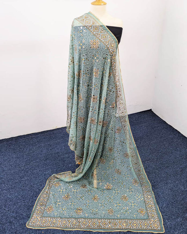 Chiffon With Block Print + Mirror Sitara Work Dupatta