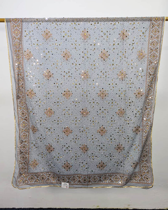Chiffon With Block Print + Mirror Sitara Work Dupatta