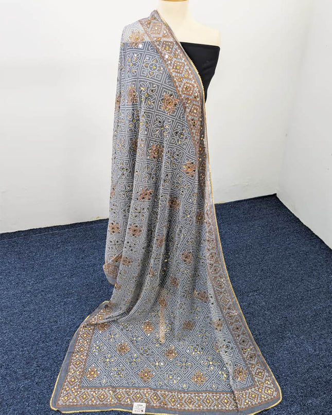 Chiffon With Block Print + Mirror Sitara Work Dupatta