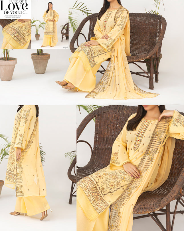 Embroidered Karandi With Chiffon Dupatta 3PC Unstitched - Nissa Vol -1