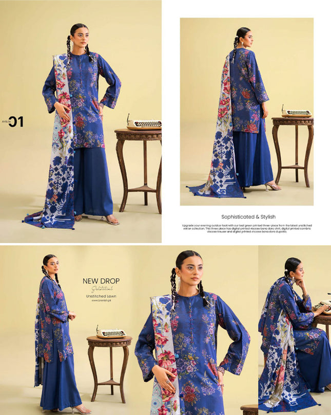 Digital Printed Viscose Bana Dora 3PC Unstitched - Saaz