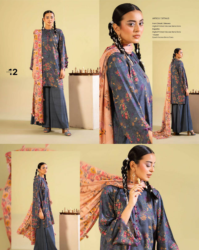 Digital Printed Viscose Bana Dora 3PC Unstitched - Saaz