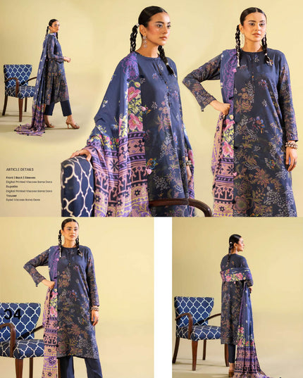 Digital Printed Viscose Bana Dora 3PC Unstitched - Saaz
