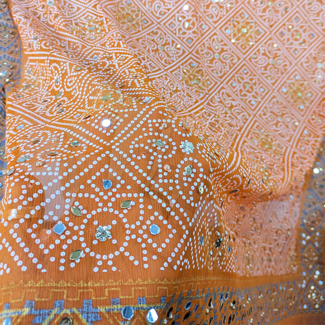 Fancy Chiffon Block Print with Mirror Sitara Work Dupatta