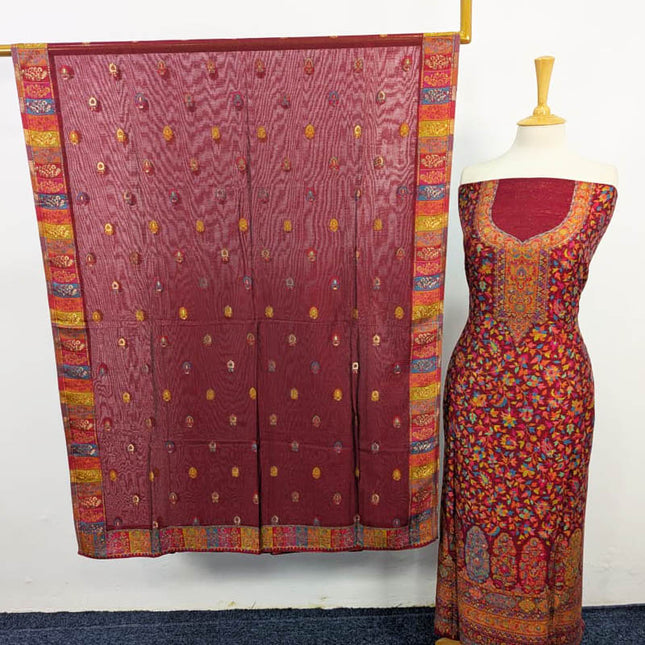 Luxury Pure Kani Silk With 4 Sided Border Shawl 3PC Unstitched