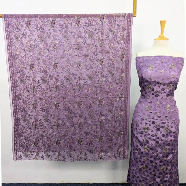 Embroidered +Printed Raw Silk With Chiffon Dupatta 2 PC Unstitched