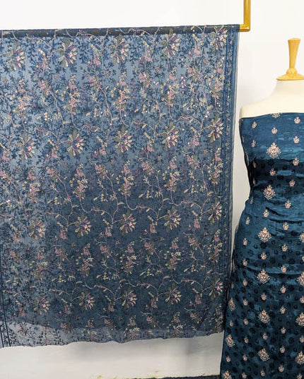 Embroidered +Printed Raw Silk With Chiffon Dupatta 2 PC Unstitched