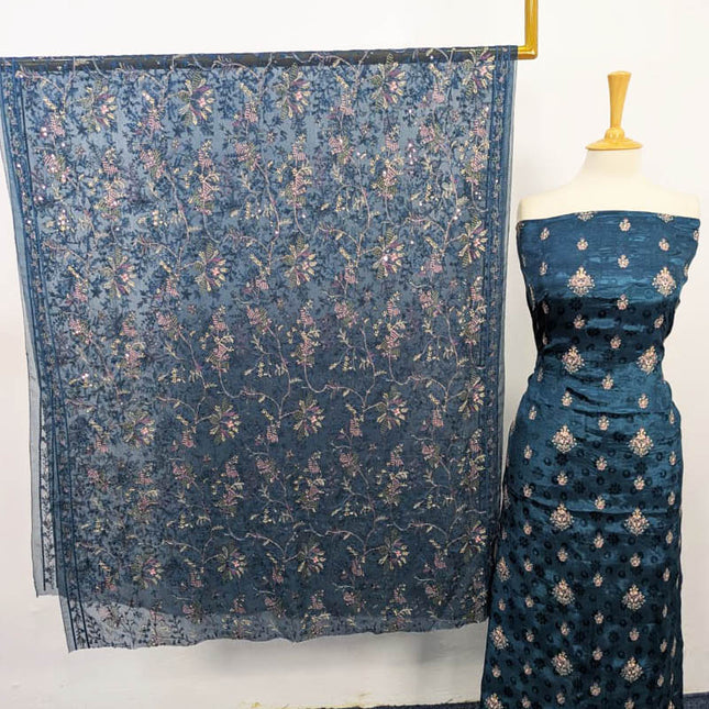 Embroidered +Printed Raw Silk With Chiffon Dupatta 2 PC Unstitched