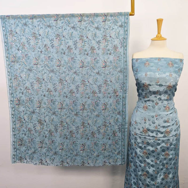 Embroidered +Printed Raw Silk With Chiffon Dupatta 2 PC Unstitched