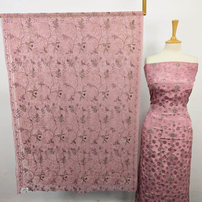 Embroidered +Printed Raw Silk With Chiffon Dupatta 2 PC Unstitched