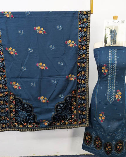 Embroidered Dhanak With Tilla Velvet Motive Work 3PC Unstitched - Komal