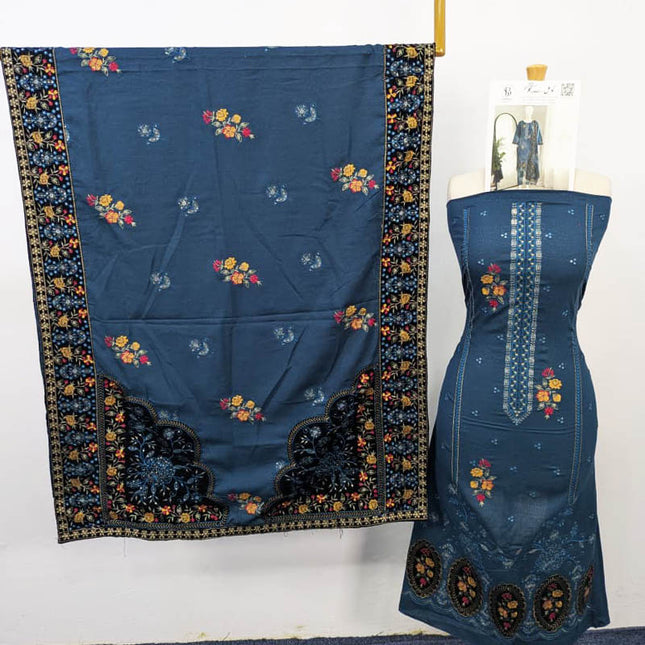 Embroidered Dhanak With Tilla Velvet Motive Work 3PC Unstitched - Komal