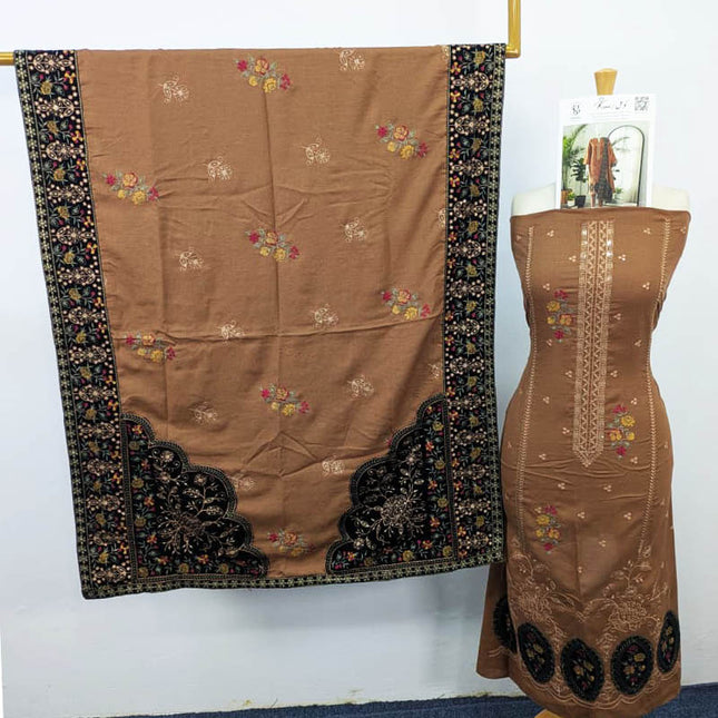 Embroidered Dhanak With Tilla Velvet Motive Work 3PC Unstitched - Komal