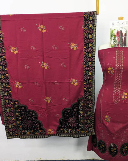 Embroidered Dhanak With Tilla Velvet Motive Work 3PC Unstitched - Komal