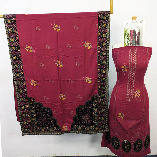 Embroidered Dhanak With Tilla Velvet Motive Work 3PC Unstitched - Komal