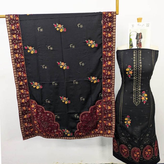 Embroidered Dhanak With Tilla Velvet Motive Work 3PC Unstitched - Komal