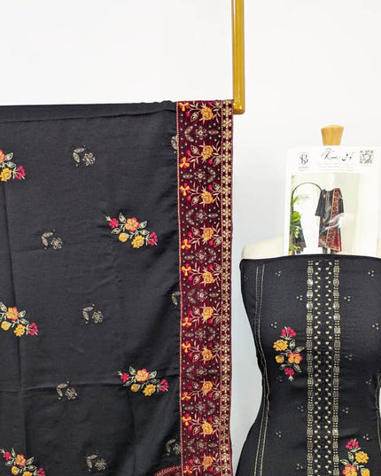 Embroidered Dhanak With Tilla Velvet Motive Work 3PC Unstitched - Komal