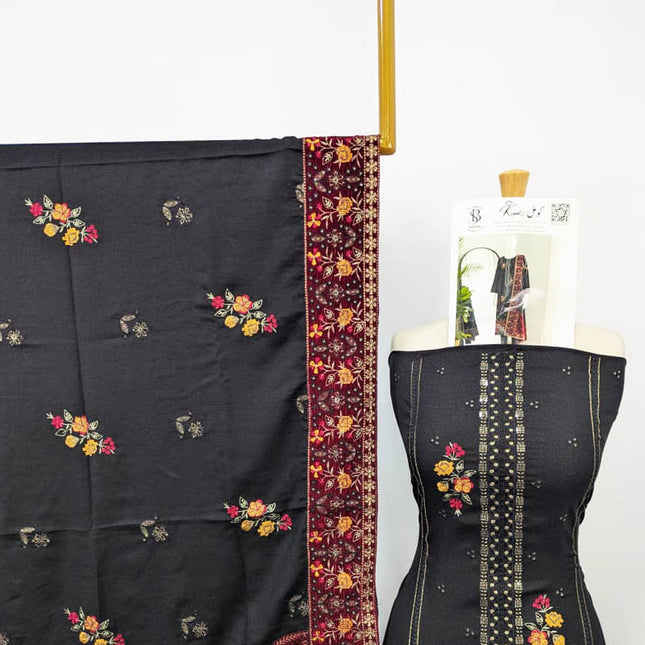 Embroidered Dhanak With Tilla Velvet Motive Work 3PC Unstitched - Komal