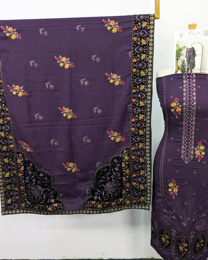 Embroidered Dhanak With Tilla Velvet Motive Work 3PC Unstitched - Komal