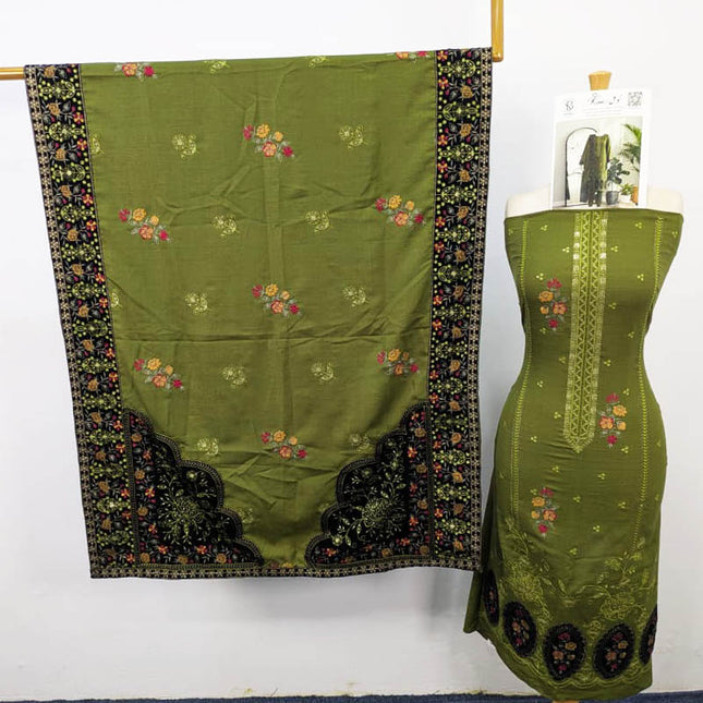 Embroidered Dhanak With Tilla Velvet Motive Work 3PC Unstitched - Komal