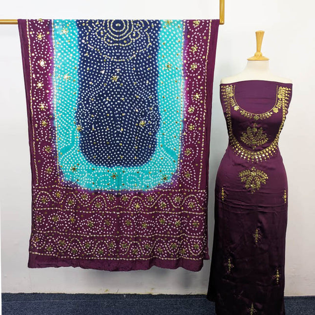 Fancy Shamooz Silk With Mukesh Work And Chunnri Dupatta 2PC Unstitched