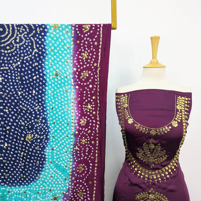 Fancy Shamooz Silk With Mukesh Work And Chunnri Dupatta 2PC Unstitched