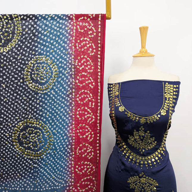 Handmade Shamooz Silk With Mukesh Work And Chunnri Dupatta 2PC Unstitched