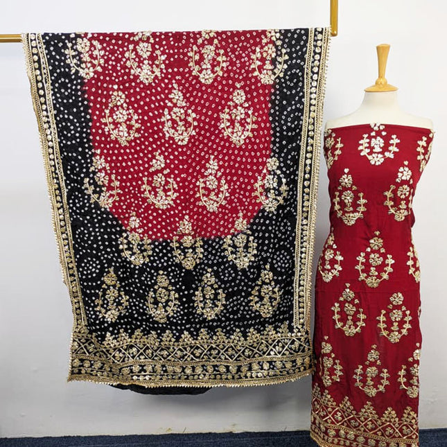 Handmade Silk with Golden Gotta Work & Chunnri Dupatta 2PC Unstitched