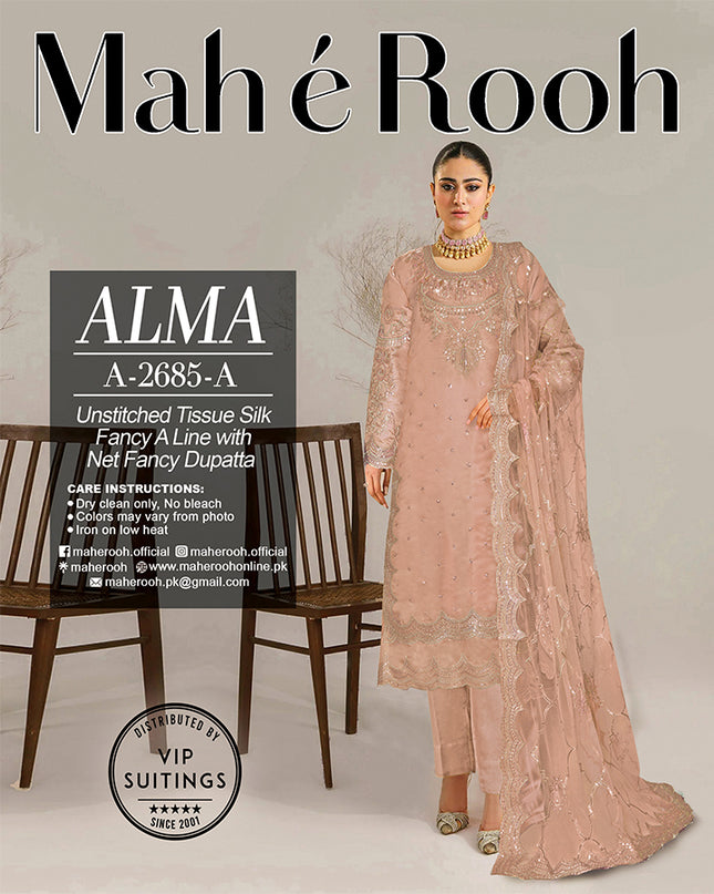 Embroidered Tissue Silk with Fancy Net Dupatta 3PC Unstitched - Mah e Rooh Vol-A2685