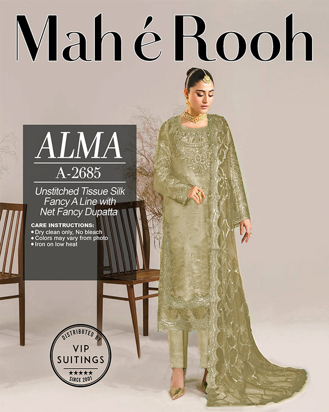 Embroidered Tissue Silk with Fancy Net Dupatta 3PC Unstitched - Mah e Rooh Vol-A2685