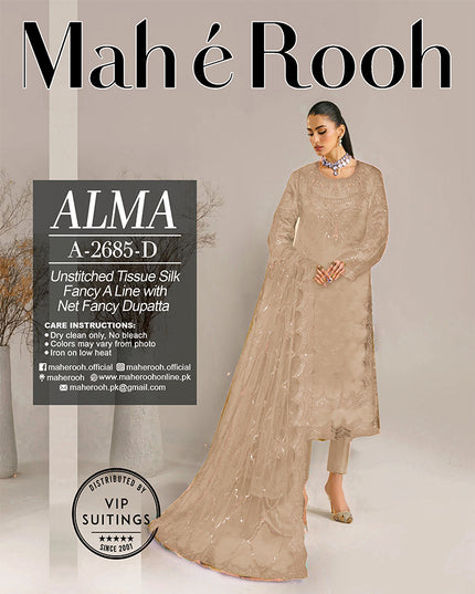 Embroidered Tissue Silk with Fancy Net Dupatta 3PC Unstitched - Mah e Rooh Vol-A2685