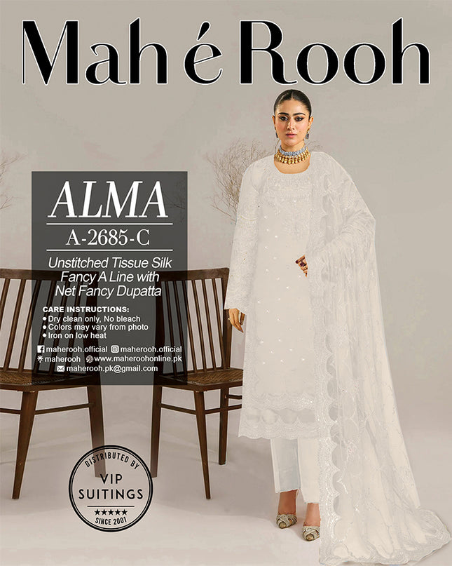 Embroidered Tissue Silk with Fancy Net Dupatta 3PC Unstitched - Mah e Rooh Vol-A2685