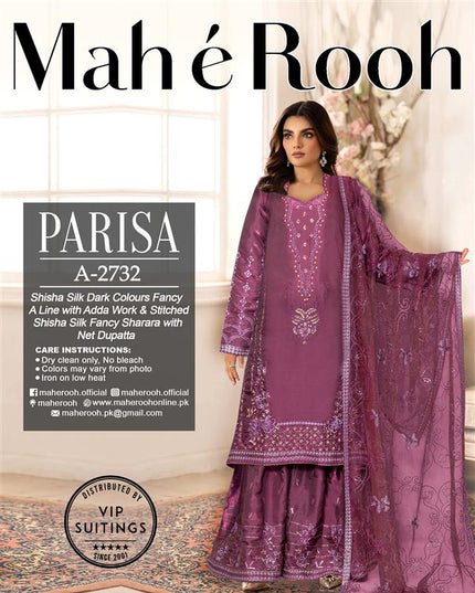 Adda Work Shisha Silk with Fancy Stitched Sharara - Mah e Rooh Vol A-2732